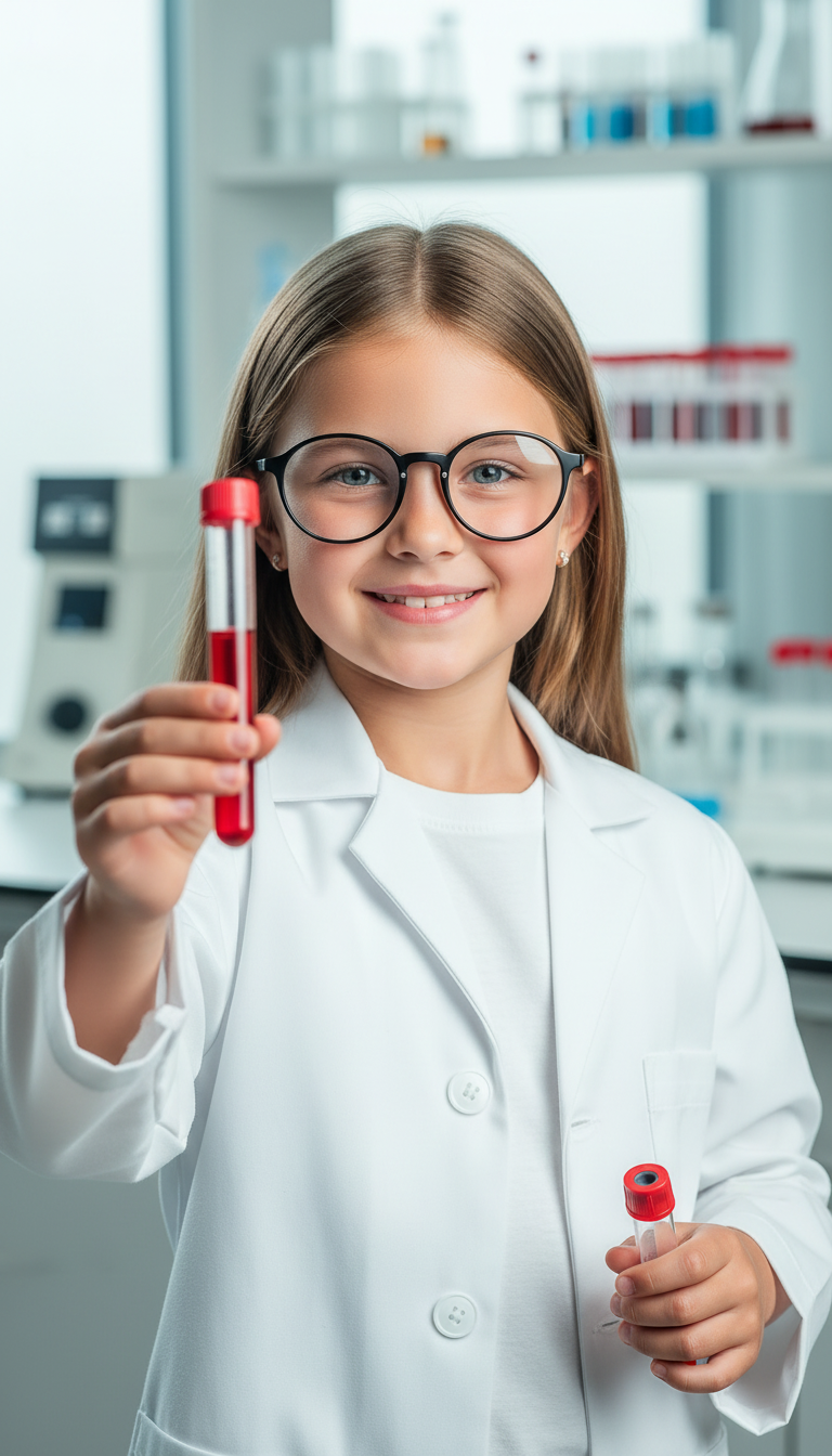 Smiling young girl in a white lab coat holding a test tube with red liquid in a laboratory.